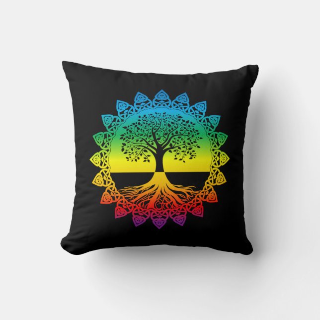 Rainbow Celtic Tree of Life on Black Throw Pillow (Front)