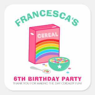 Rainbow Cereal Kids Birthday Party Square Sticker