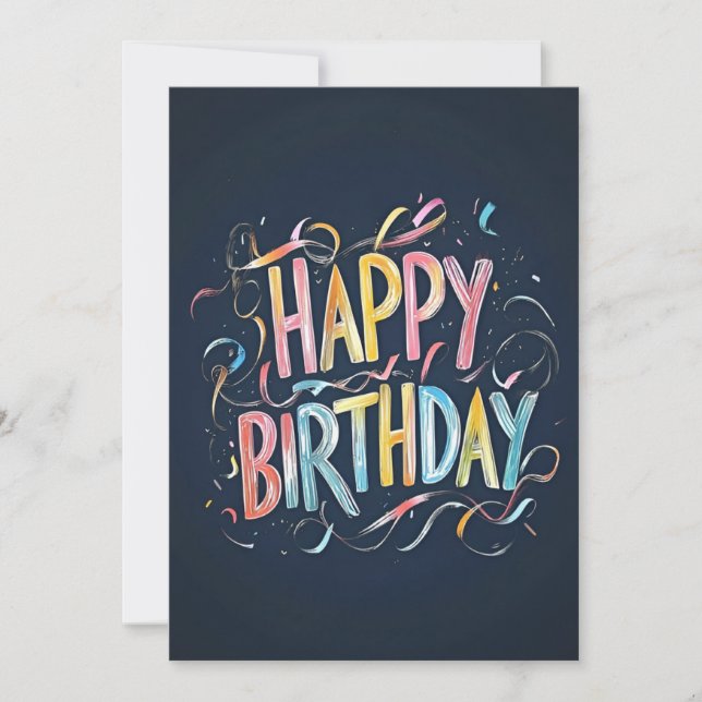 Rainbow Chalk Happy Birthday on Navy Blue Birthday Invitation (Front)
