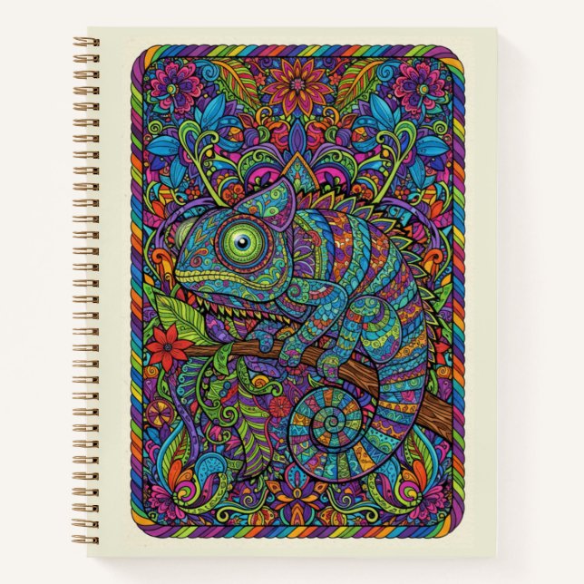 Rainbow Chameleon Floral Neon Zentangle Journal (Front)