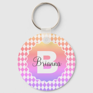 Rainbow Checkerboard with Monogram Name    Key Ring