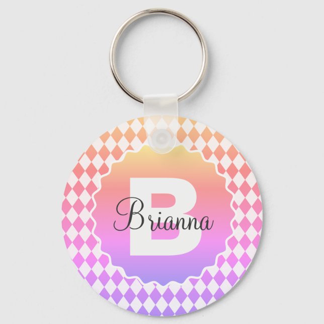 Rainbow Checkerboard with Monogram Name    Key Ring (Front)