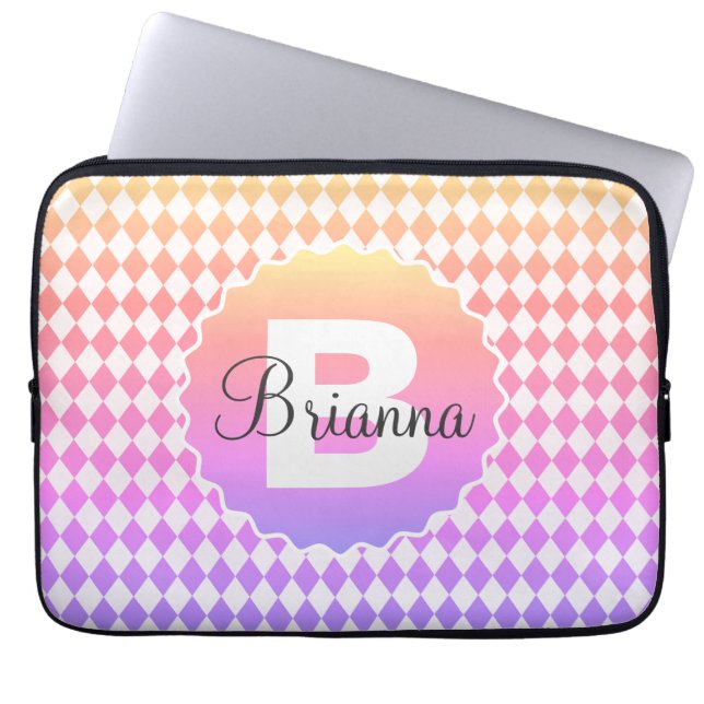 Rainbow Chequerboard with Monogram Name   Laptop Sleeve (Front)