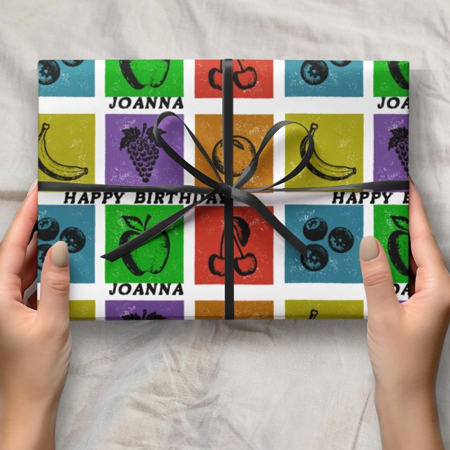 Rainbow Chequered Fruit Stamps Happy Birthday Name Wrapping Paper (Creator Uploaded)