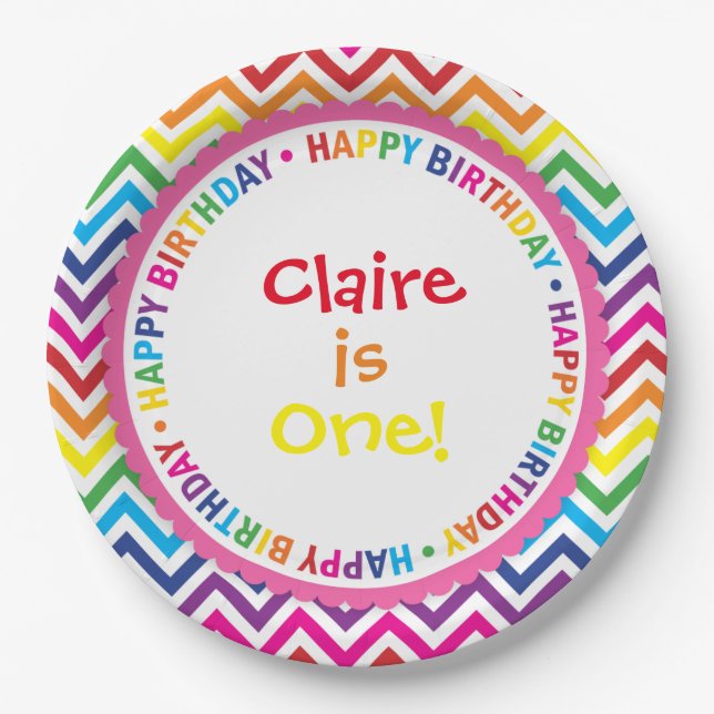 Rainbow Chevron Birthday Party Plates, Bright Paper Plate (Front)