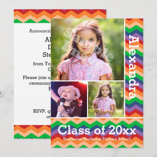 Rainbow Chevron Kid's Photo Graduation Preschool/K Invitation (Front/Back)