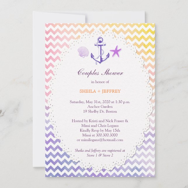 Rainbow Chevron Nautical Couples Shower Invitation (Front)