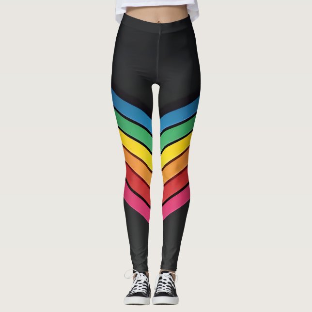 Rainbow chevron stripes on a sleek black backdrop leggings (Front)