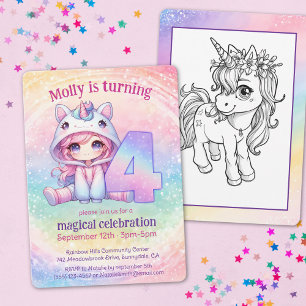 Rainbow chibi girl, Unicorn 4th birthday Invitation