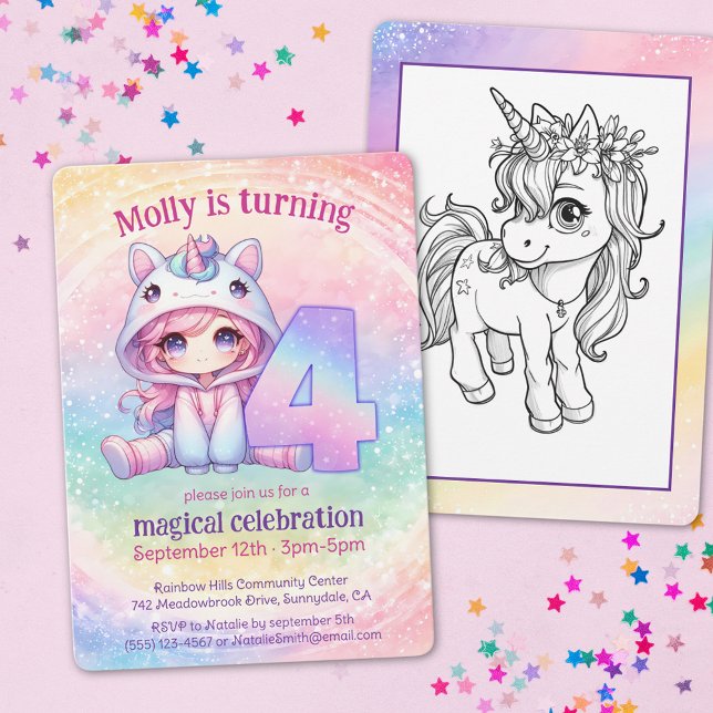 Rainbow chibi girl, Unicorn 4th birthday Invitation (Creator Uploaded)