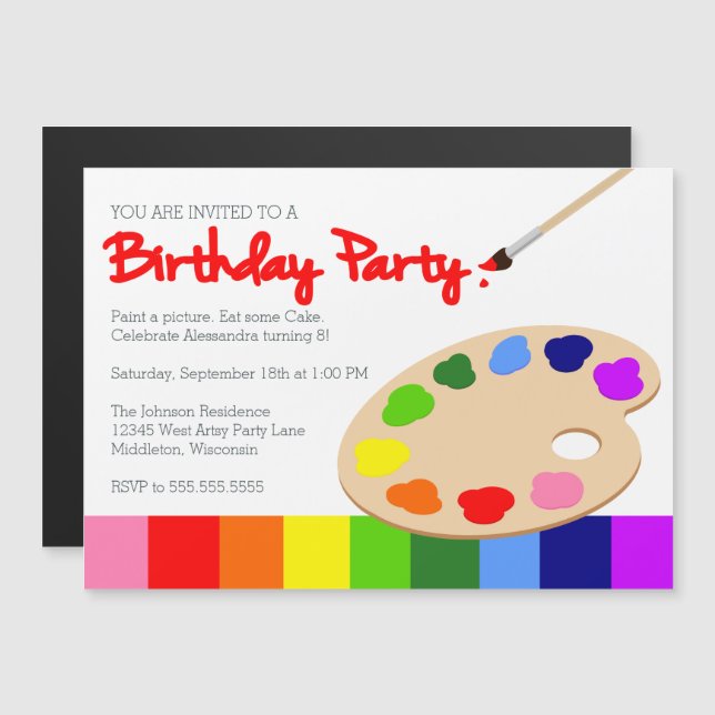 Rainbow Children's Painting Party Birthday Magnetic Invitation (Front/Back)