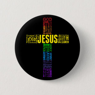 Rainbow Christian Word Cross - Jesus Faith Bible 6 Cm Round Badge