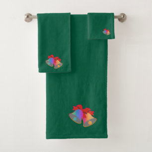 Rainbow Christmas Bells Green Bath Towel Set