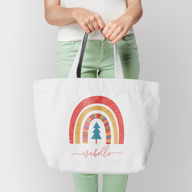 Rainbow Christmas colourful cute fun personalised  Large Tote Bag (Creator Uploaded)