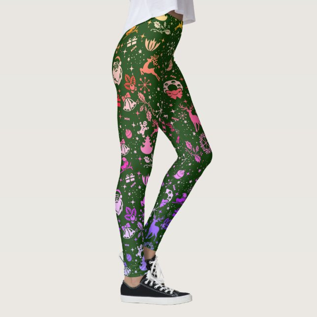 Rainbow Christmas Element Pattern Green Leggings (Right)