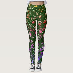 Rainbow Christmas Element Pattern Green Leggings