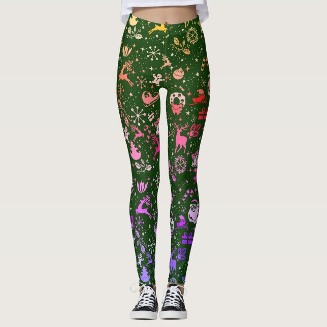 Rainbow Christmas Element Pattern Green Leggings (Front)