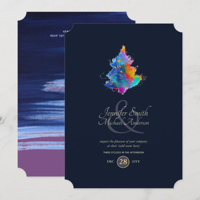 Rainbow Christmas Tree COUPLES Event Navy Invitation (Front/Back)