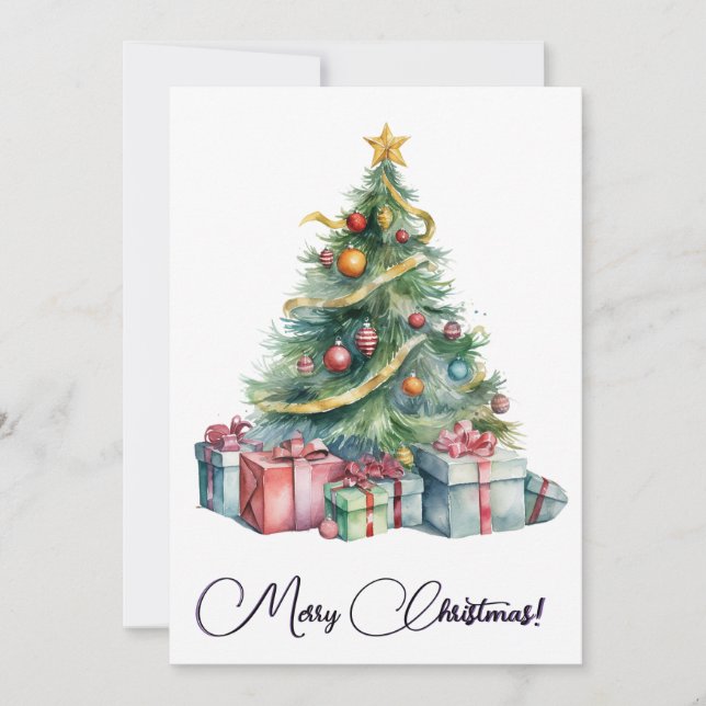 Rainbow Christmas Tree Watercolor Art Holiday Card (Front)