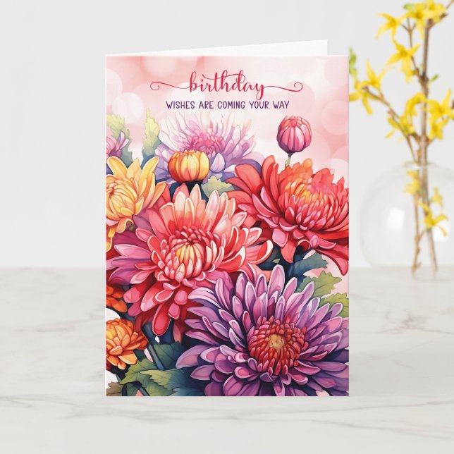 Rainbow Chrysanthemums LGBTQ Birthday Card (Yellow Flower)