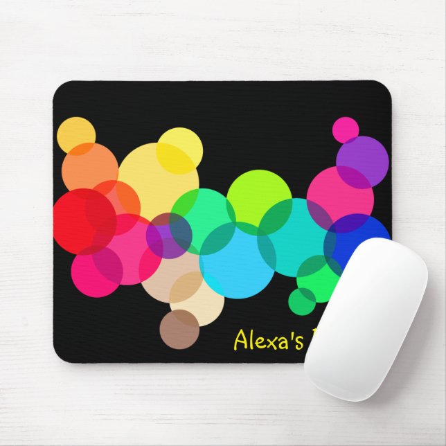 Rainbow Circles On Black with Name Mouse Mat (With Mouse)