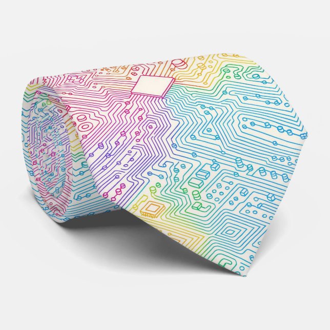 Rainbow Circuit Board Necktie – Colorful Tech Geek (Rolled)