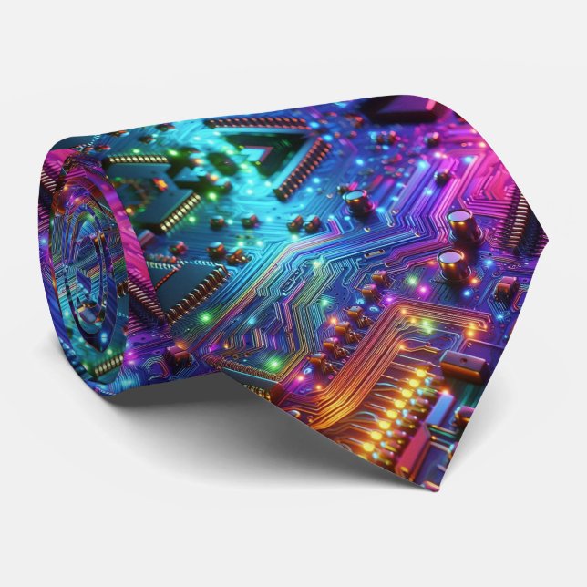 Rainbow Circuit Board Necktie – Colourful Tech Gee (Rolled)
