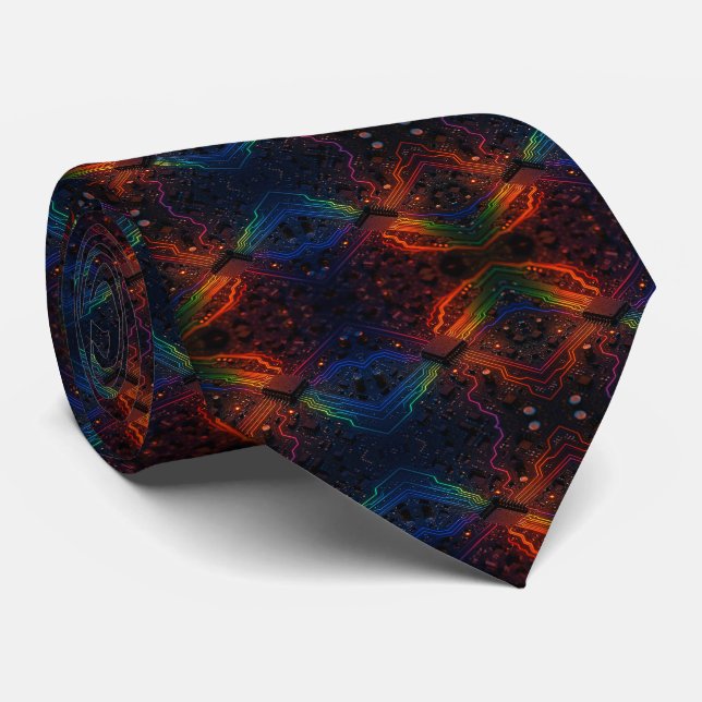 Rainbow Circuit Board Necktie – Colourful Tech Gee (Rolled)