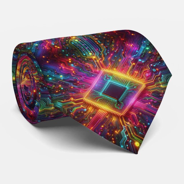 Rainbow Circuit Board Necktie – Colourful Tech Gee (Rolled)