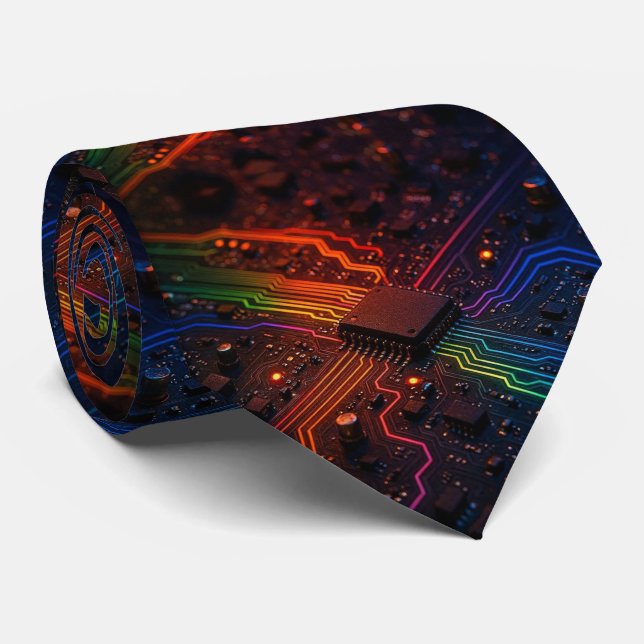Rainbow Circuit Board Necktie – Colourful Tech Gee (Rolled)