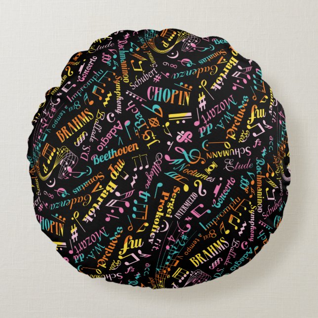 Rainbow Classical Music Composers Notation Round Cushion (Front)