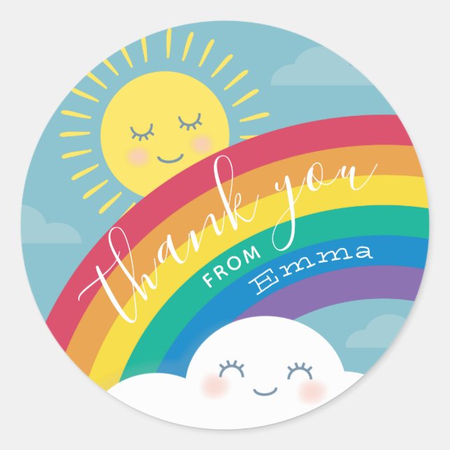 Rainbow Cloud and Sun Thank You Favour Stickers (Front)