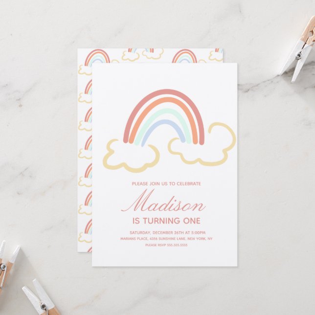 Rainbow Cloud Doodle  Colourful Rustic Invitation (Front/Back In Situ)