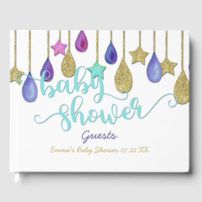 Rainbow Cloud Gold Glitter Baby Shower Guest Book (Front)