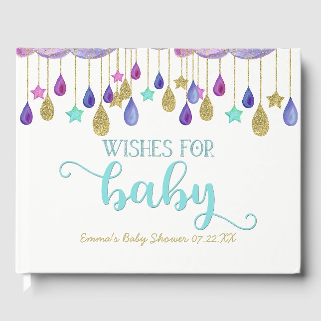 Rainbow Cloud Gold Glitter Wishes for Baby Shower Guest Book (Front)