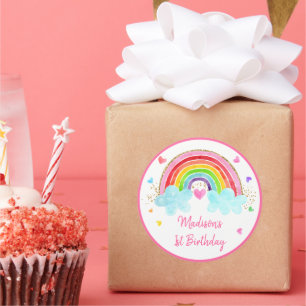 Rainbow Cloud Hearts Pink Gold Birthday Classic Round Sticker