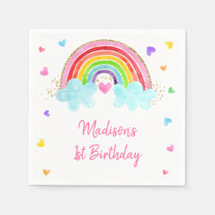 Rainbow Cloud Hearts Pink Gold Birthday Napkin