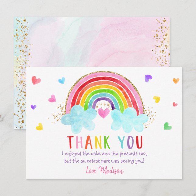 Rainbow Cloud Hearts Pink Gold Birthday Thank You Card (Front/Back)