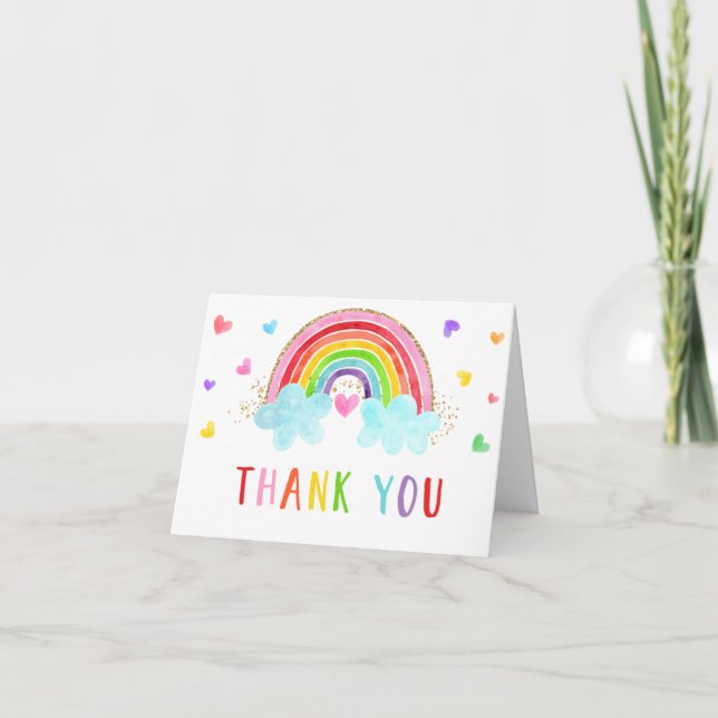 Rainbow Cloud Hearts Pink Gold Birthday Thank You Card (Front)