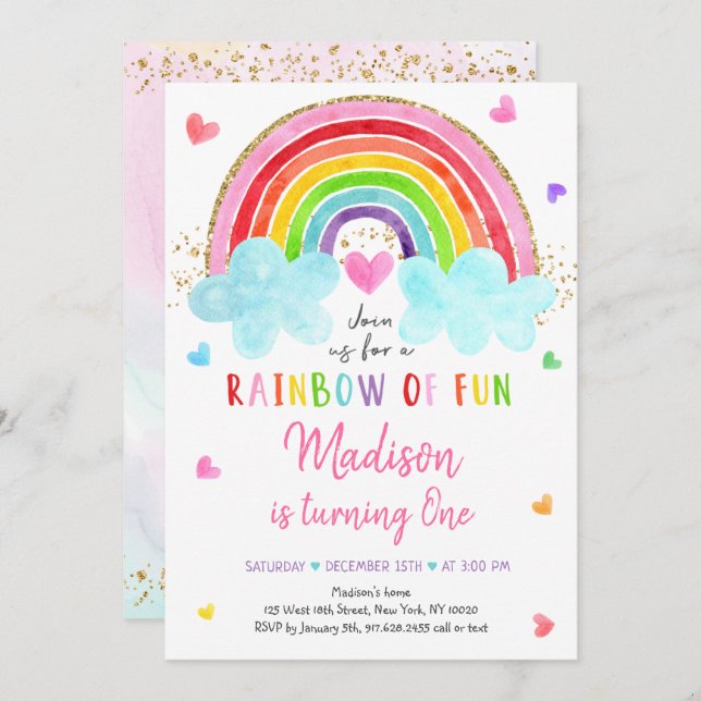 Rainbow Cloud Hearts Watercolor Birthday Invitation (Front/Back)