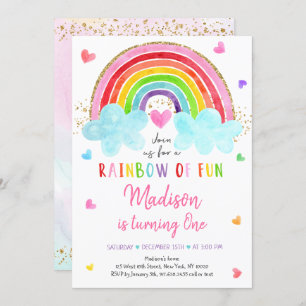Rainbow Cloud Hearts Watercolor Birthday Invitation