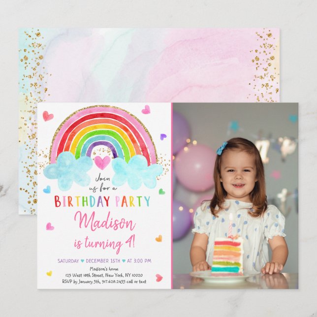 Rainbow Cloud Hearts Watercolor Birthday Invitation (Front/Back)