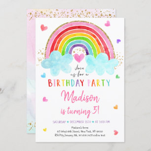 Rainbow Cloud Hearts Watercolor Birthday Invitation