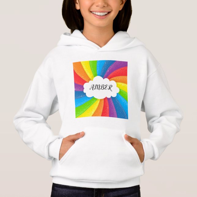 Rainbow cloud personalised girl's hoodie. (Front)