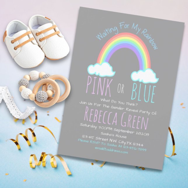 rainbow cloud pink or blue gender reveal party invitation (rainbow cloud pink or blue gender reveal party invitation)