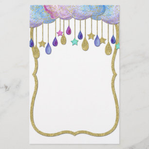 Rainbow Cloud Stars Dangling Gold Glitter Baby Stationery
