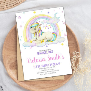 Rainbow Cloud Unicorn Birthday Invitations