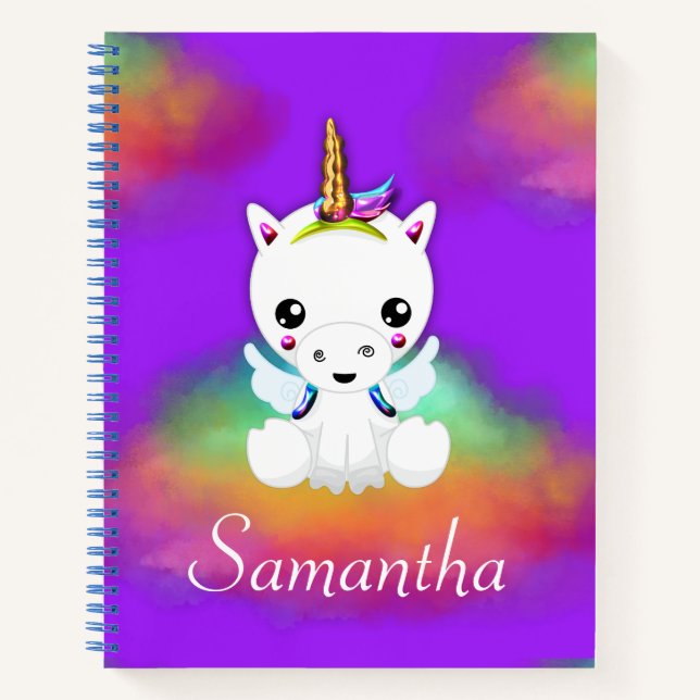 Rainbow Cloud Unicorn on Purple Notebook (Front)