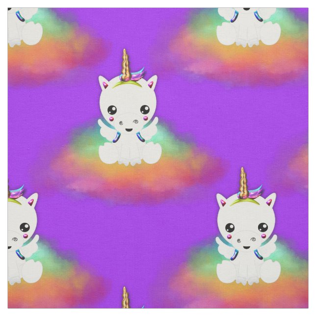 Rainbow Cloud Unicorns on Purple Fabric (Swatch)