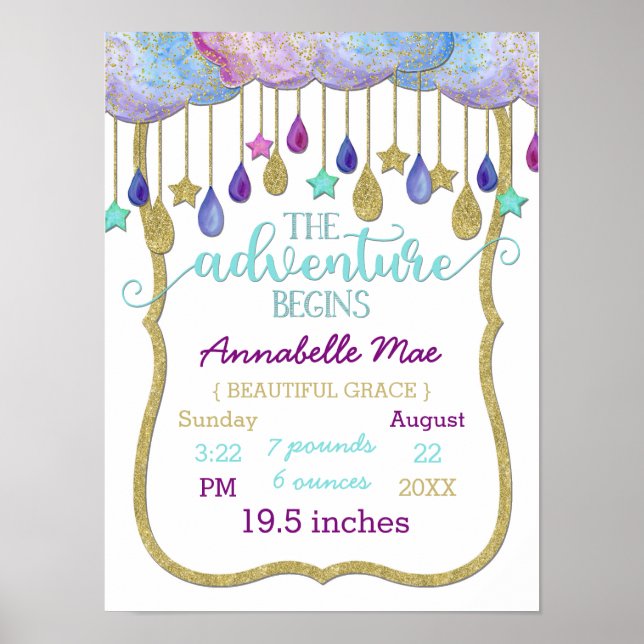 Rainbow Clouds Adventure Baby Girl Birth Stats Poster (Front)